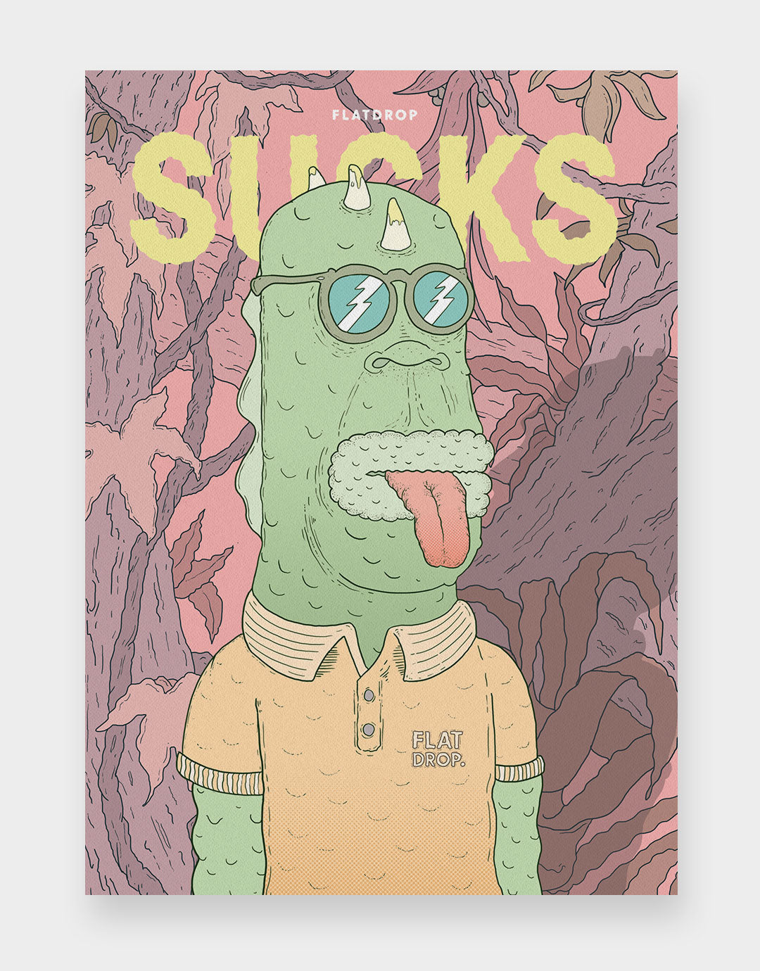 Postkarte 4: Sujet «Froggo», illustrierter, monster-artiger Frosch, Zunge raushängend, Hörner auf dem Kopf, Hintergrund Dschungel-artig, Bildinschrift: Flatdrop SUCKS.