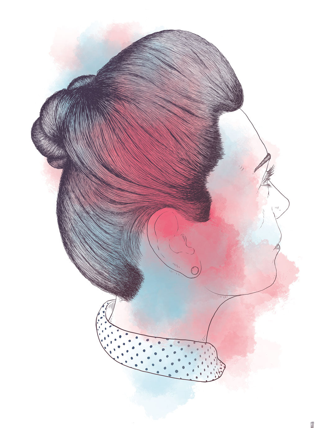 Detailreiche Illustration einer Frisur, die im Mittelpunkt steht. Die kunstvoll gestaltete Frisur zeigt fein ausgearbeitete Strähnen und Texturen, die die Dynamik und den Charakter des Haares hervorheben. Dieses limitierte Kunstwerk spricht Kunstliebhaber an, die sich für kreative und außergewöhnliche Designs interessieren.