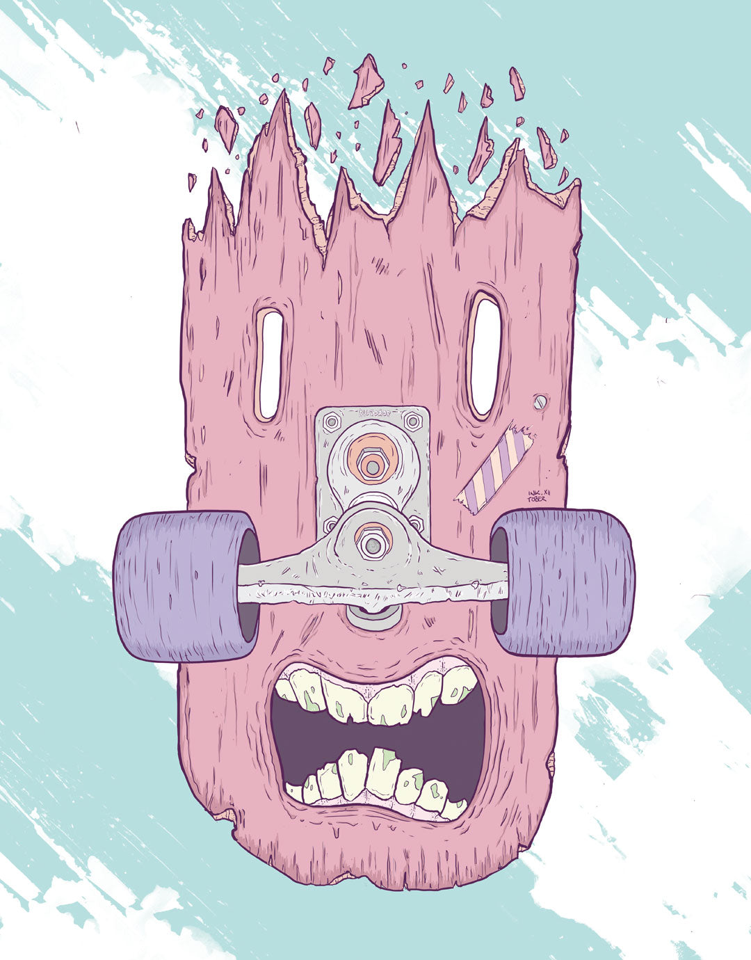 Illustratives Poster auf Holz-Skateboard mit weinendem Gesicht und kreativen, handgezeichneten Details, inspiriert von zeitgenössischer Kunst.