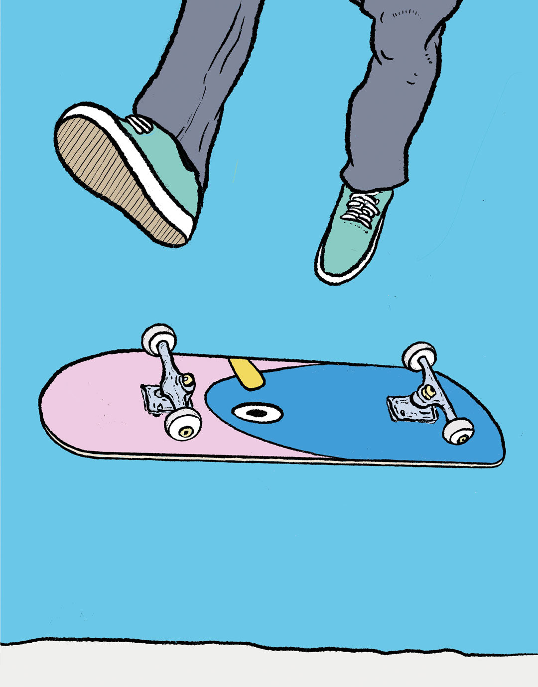 Skateboard Art Poster mit Switchflip-Motiv, handgezeichnete Illustration eines Skateboarders während eines Switchflip-Tricks, inspiriert von urbaner Kultur und moderner Kunst.