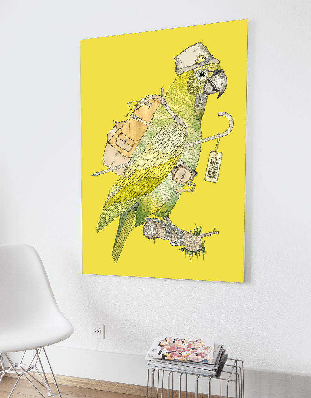 Poster mit handgezeichneter Illustration eines Vogels, der auf einem Ast sitzt und einen Rucksack und Wanderstock trägt, symbolisch für den Weg des Lebens. Inspiriert von minimalistischer Kunst und kreativen Motiven, ideal für Kunstliebhaber, die philosophische und visuelle Ästhetik schätzen.