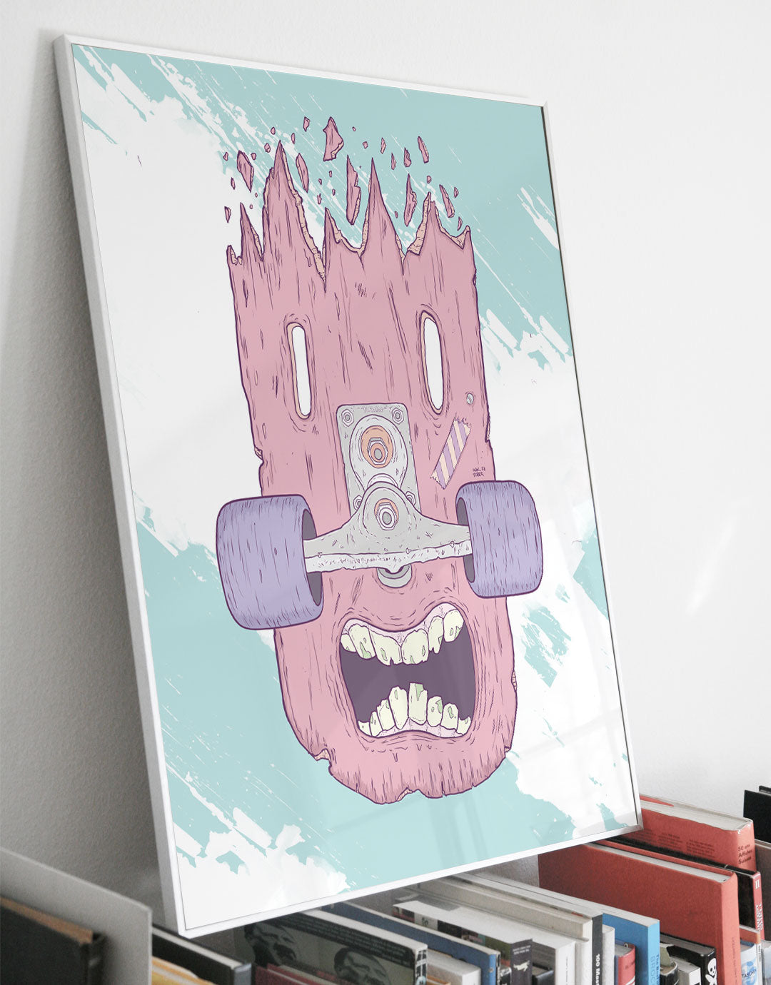 Illustratives Poster auf Holz-Skateboard mit weinendem Gesicht und kreativen, handgezeichneten Details, inspiriert von zeitgenössischer Kunst.