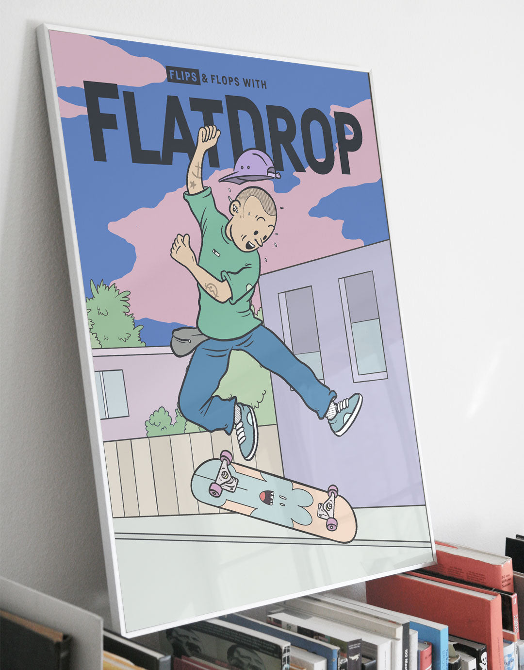 Skateboard Art Poster mit Flip-Motiv, handgezeichnete Illustration eines Skateboarders beim Flip-Trick, inspiriert von urbanem Style und zeitgenössischer Kunst.