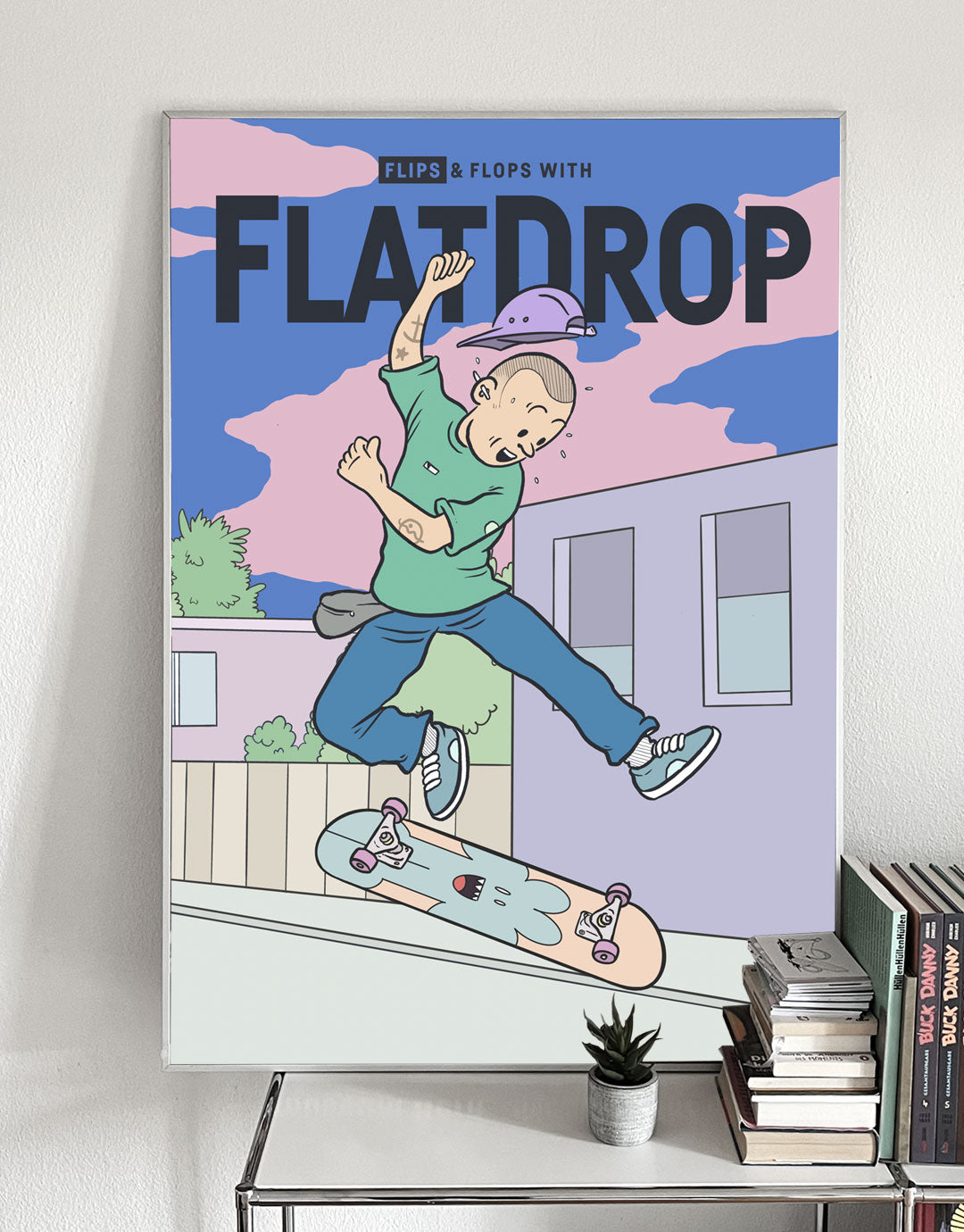 Skateboard Art Poster mit Flip-Motiv, handgezeichnete Illustration eines Skateboarders beim Flip-Trick, inspiriert von urbanem Style und zeitgenössischer Kunst.