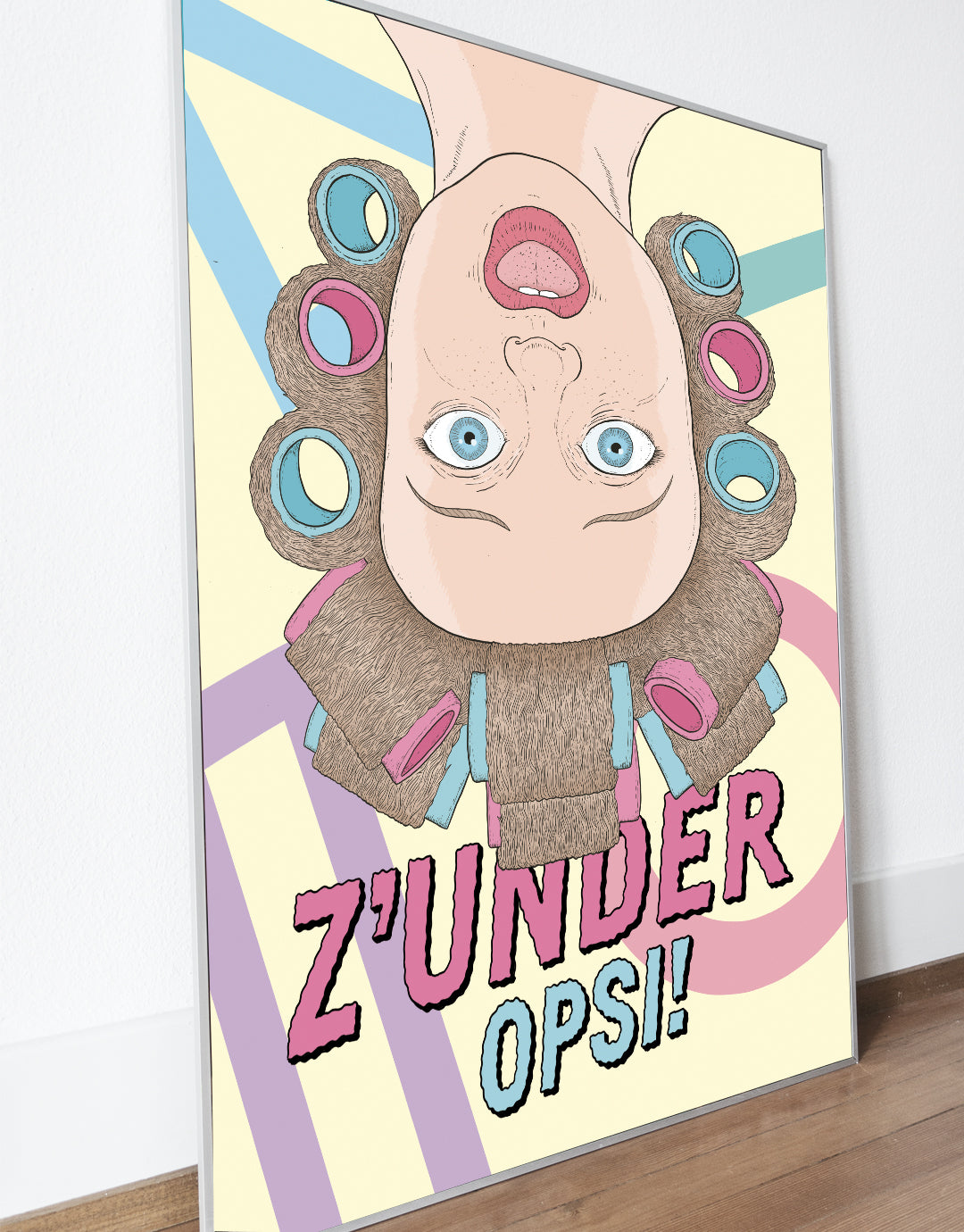 Urban-Art Poster mit dem Gesicht einer Frau mit Lockenwicklern in den Haaren, kopfüber. Inspiriert von urbanem Style und moderner Kunst.