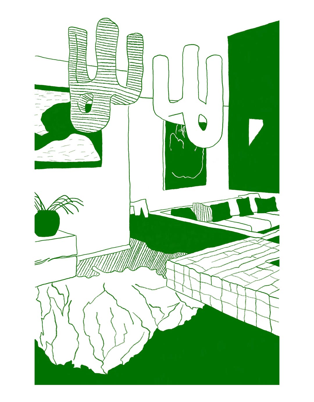 Minimalistische, handgezeichnete Illustration eines modern eingerichteten Wohnzimmers in grünen und weißen Linien. Der Raum ist mit klaren Linien und wenigen Details gestaltet. Auffällige, geschwungene Hängelampen in abstrakter Form dominieren den oberen Bereich. Ein tiefer, rechteckiger Sitzbereich mit Kissen, eine Pflanze auf einem Podest und geometrische Elemente wie ein strukturierter Teppich und ein gemustertes Sideboard ergänzen die moderne Atmosphäre. Ein Teil davon steht auf dem Kopf.
