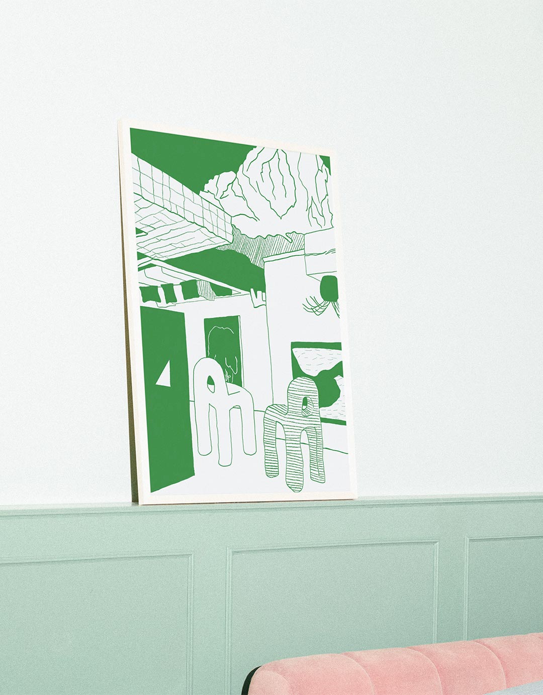 Minimalistische, handgezeichnete Illustration eines modern eingerichteten Wohnzimmers in grünen und weißen Linien. Der Raum ist mit klaren Linien und wenigen Details gestaltet. Auffällige, geschwungene Hängelampen in abstrakter Form dominieren den oberen Bereich. Ein tiefer, rechteckiger Sitzbereich mit Kissen, eine Pflanze auf einem Podest und geometrische Elemente wie ein strukturierter Teppich und ein gemustertes Sideboard ergänzen die moderne Atmosphäre. Ein Teil davon steht auf dem Kopf.