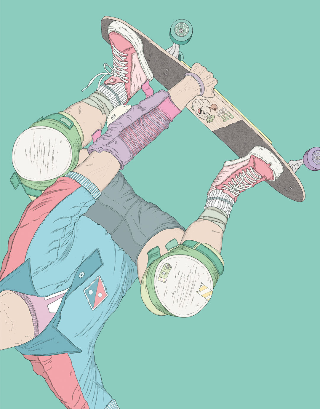 Skateboard Art Poster mit Handplant-Motiv, handgezeichnete Illustration eines Skateboarders in einer Handstand-Pose, inspiriert von urbanem Style und moderner Kunst.