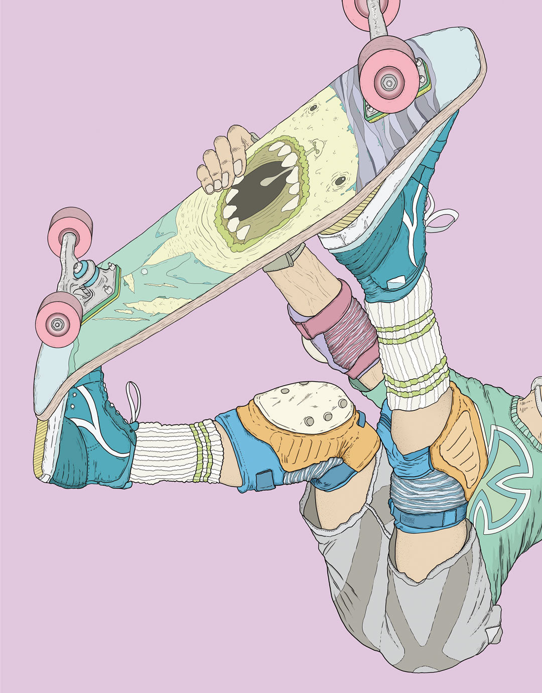 Skateboard Art Poster mit Frontside Air-Motiv, handgezeichnete Illustration eines Skateboarders in der Luft, inspiriert von urbaner Kultur und zeitgenössischer Kunst.