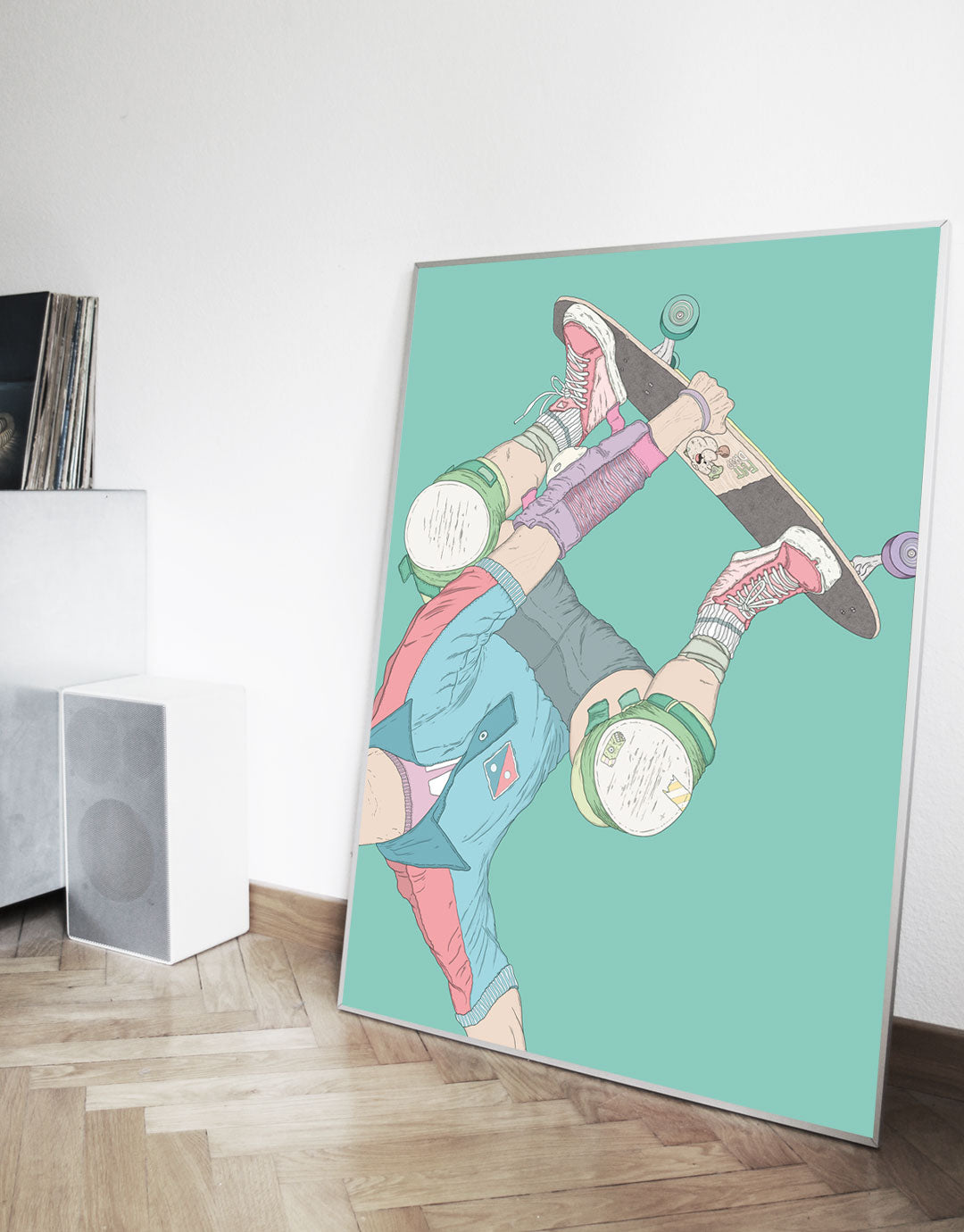 Skateboard Art Poster mit Handplant-Motiv, handgezeichnete Illustration eines Skateboarders in einer Handstand-Pose, inspiriert von urbanem Style und moderner Kunst.
