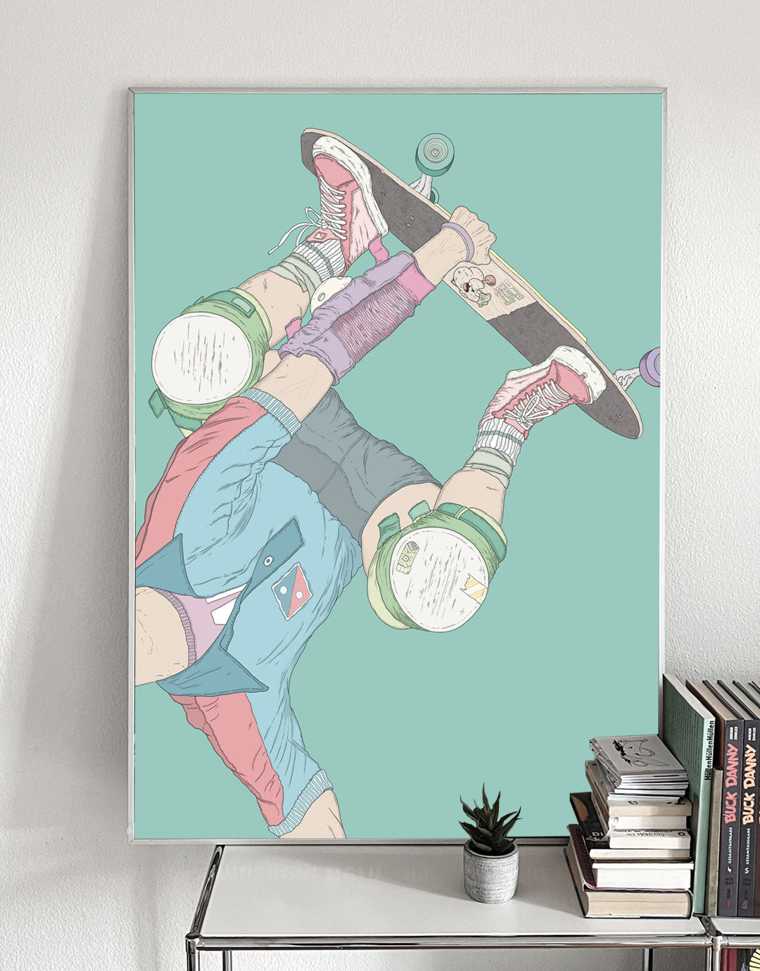 Skateboard Art Poster mit Handplant-Motiv, handgezeichnete Illustration eines Skateboarders in einer Handstand-Pose, inspiriert von urbanem Style und moderner Kunst.
