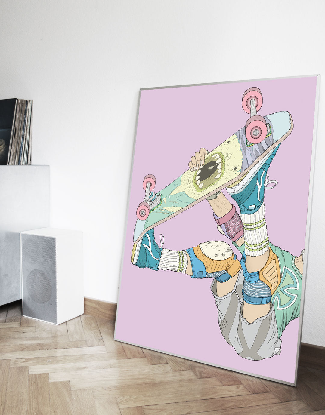 Skateboard Art Poster mit Frontside Air-Motiv, handgezeichnete Illustration eines Skateboarders in der Luft, inspiriert von urbaner Kultur und zeitgenössischer Kunst.