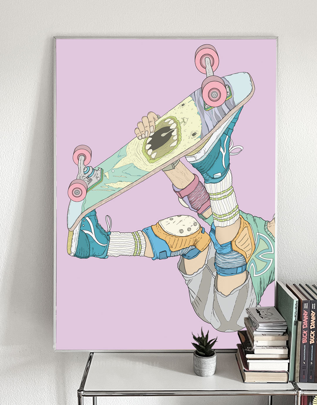 Skateboard Art Poster mit Frontside Air-Motiv, handgezeichnete Illustration eines Skateboarders in der Luft, inspiriert von urbaner Kultur und zeitgenössischer Kunst.
