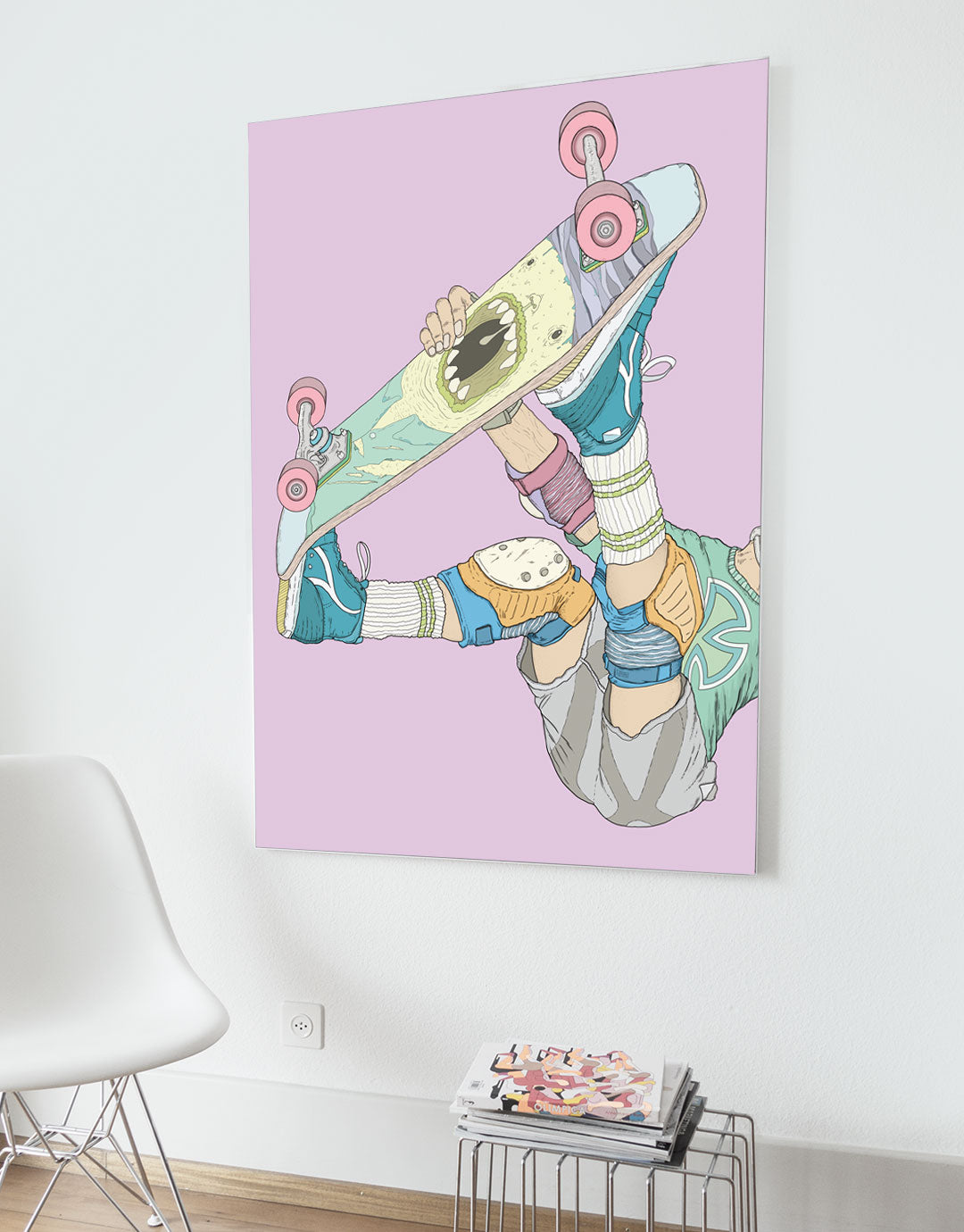 Skateboard Art Poster mit Frontside Air-Motiv, handgezeichnete Illustration eines Skateboarders in der Luft, inspiriert von urbaner Kultur und zeitgenössischer Kunst.