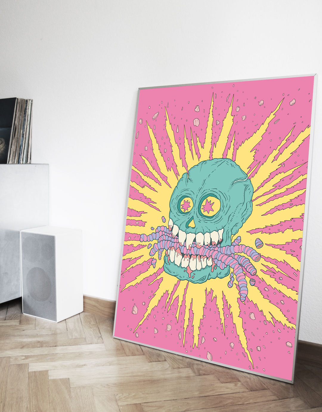 Skateboard Art Poster mit einer kreativen Illustration von Würmern, welche von einem Schädel verschlingt werden, umgeben von lebendigen Farben und dynamischen Mustern. Inspiriert von urbaner Kunst und zeitgenössischem Design, ideal für Liebhaber von ausgefallenen und verspielten Motiven.