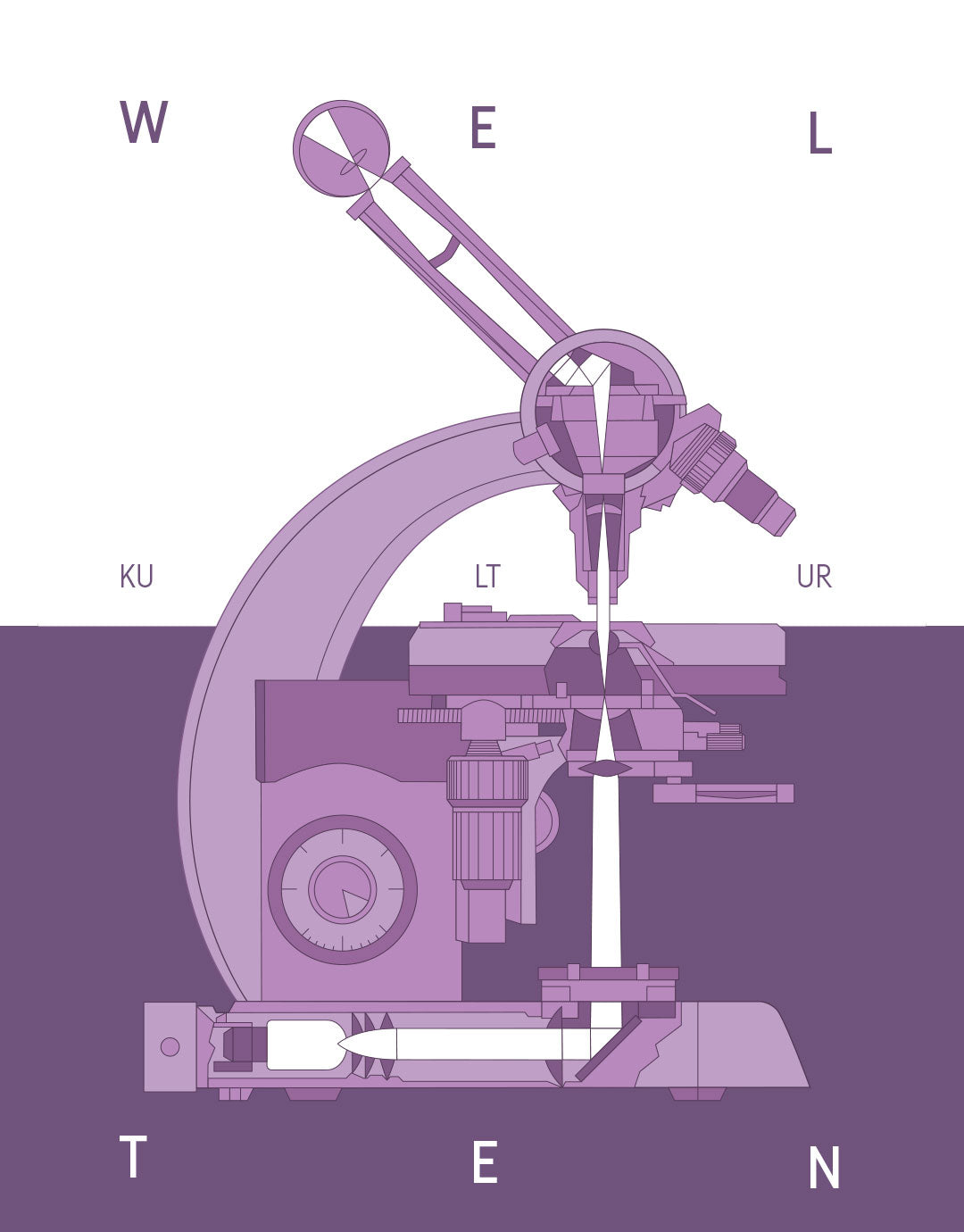 Plakat mit einer künstlerischen Darstellung eines Mikroskops, das die Faszination der Wissenschaft und Entdeckung symbolisiert. Das Design kombiniert klare Linien und moderne Schriftzüge, um den wissenschaftlichen Fokus hervorzuheben. Ideal für Wissenschafts- und Technikbegeisterte, die das Zusammenspiel von Kunst und Wissenschaft schätzen.