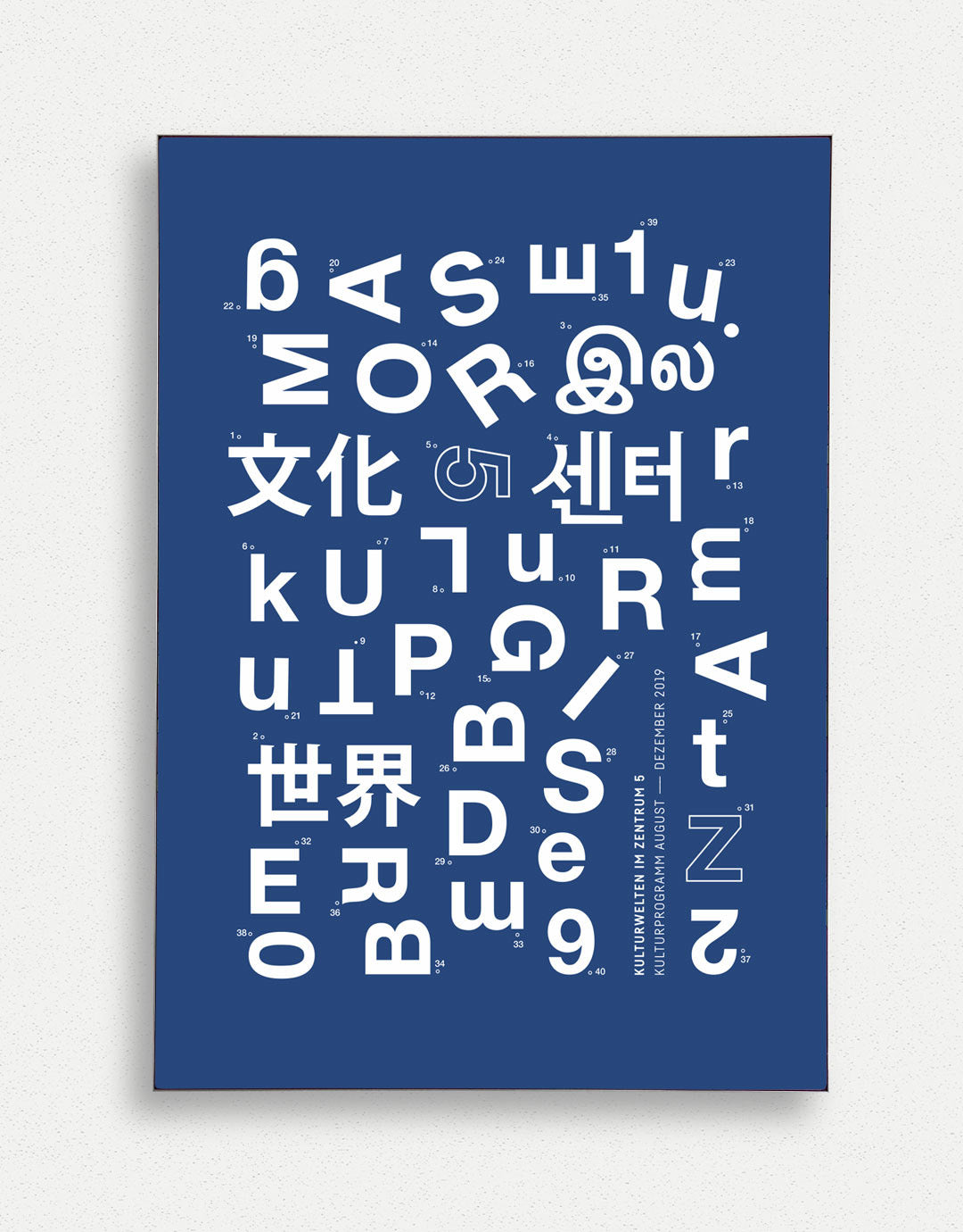 Poster mit einer kreativen Anordnung von Buchstaben und Zeichen in verschiedenen Sprachen auf einem blauen Hintergrund, das die Kulturwelten 2019 darstellt. Die Gestaltung kombiniert verschiedene Schriftarten und -stile, um ein modernes und dynamisches Kunstwerk zu schaffen, ideal für Liebhaber zeitgenössischer Grafiken und kultureller Themen.