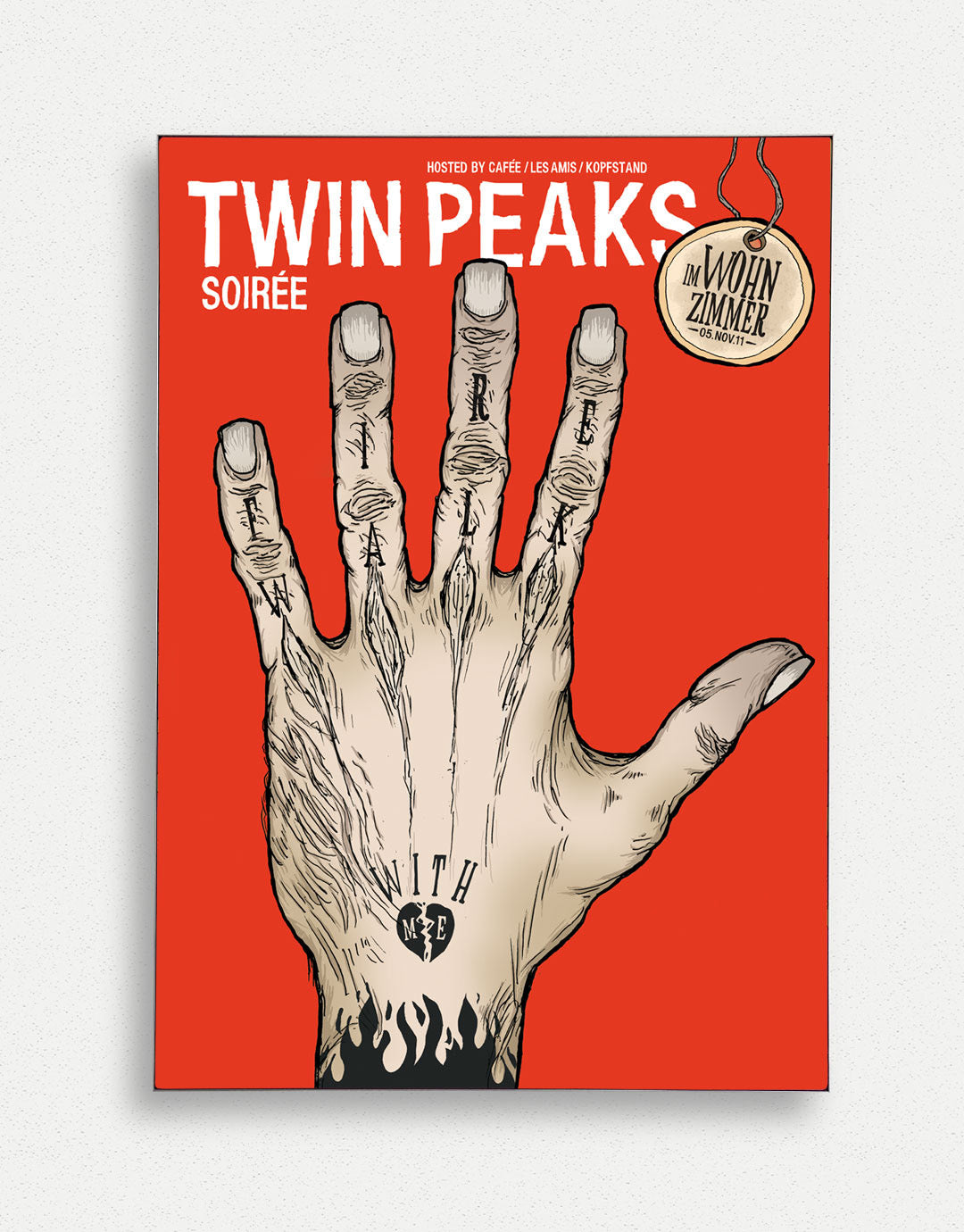 Handgezeichnete Illustration für die Twin Peaks Soirée, die eine Einladung zu einem nostalgischen Abend mit Anklängen an die 80er und 90er Jahre zeigt, welcher am 05.11.2011 im Les Amis in Bern stattgefunden hat. Enthält Details zu Filmvorführungen und Partys, inspiriert von der Serie 'Twin Peaks' von David Lynch.