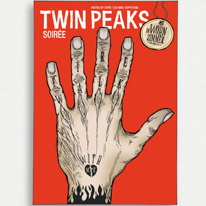 Handgezeichnete Illustration für die Twin Peaks Soirée, die eine Einladung zu einem nostalgischen Abend mit Anklängen an die 80er und 90er Jahre zeigt, welcher am 05.11.2011 im Les Amis in Bern stattgefunden hat. Enthält Details zu Filmvorführungen und Partys, inspiriert von der Serie 'Twin Peaks' von David Lynch.