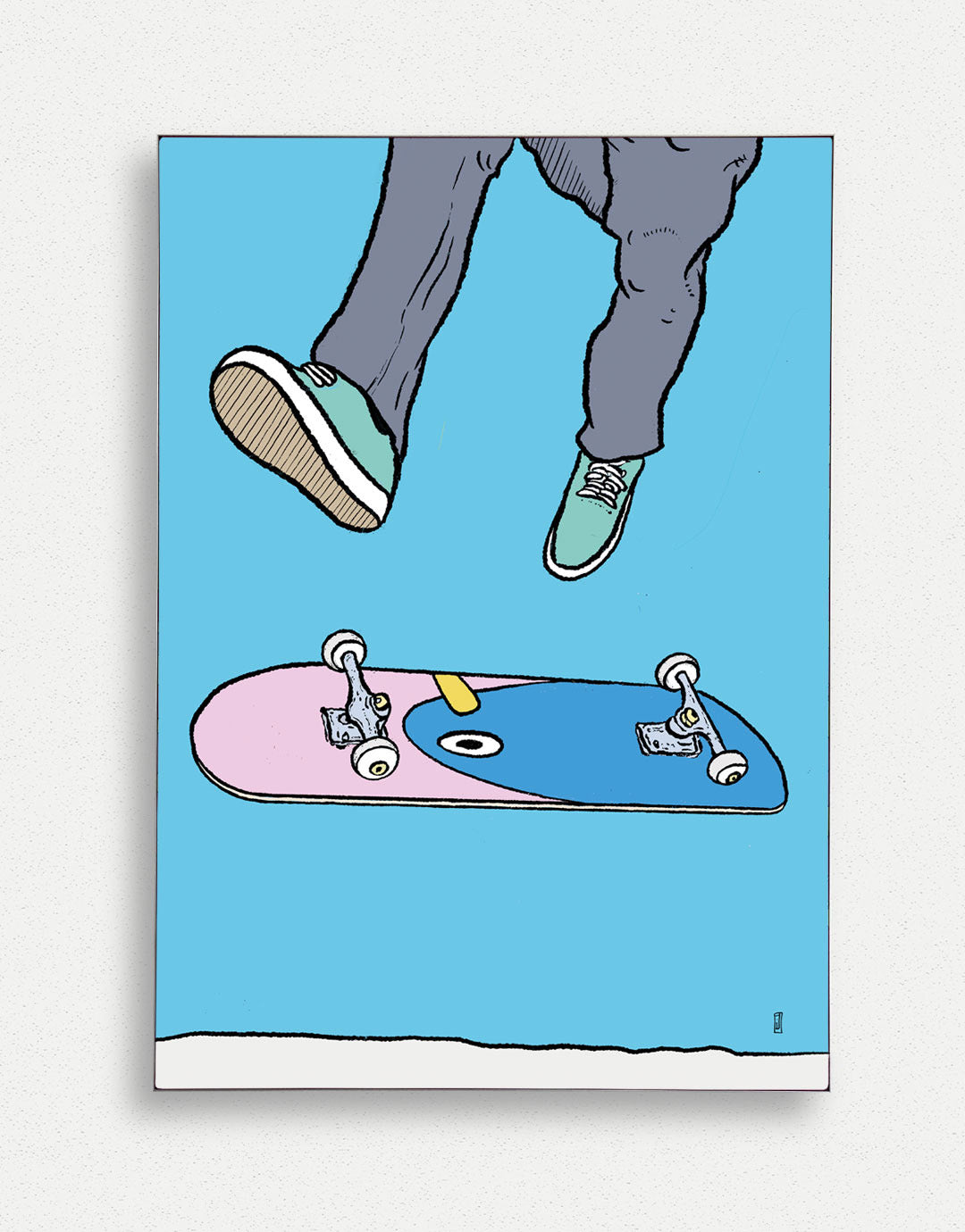 Skateboard Art Poster mit Switchflip-Motiv, handgezeichnete Illustration eines Skateboarders während eines Switchflip-Tricks, inspiriert von urbaner Kultur und moderner Kunst.