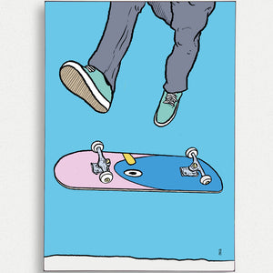 Skateboard Art Poster mit Switchflip-Motiv, handgezeichnete Illustration eines Skateboarders während eines Switchflip-Tricks, inspiriert von urbaner Kultur und moderner Kunst.