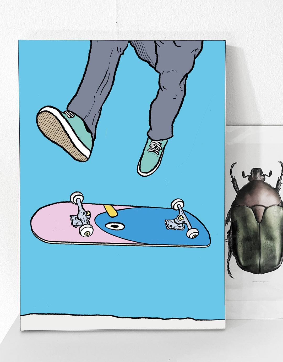 Skateboard Art Poster mit Switchflip-Motiv, handgezeichnete Illustration eines Skateboarders während eines Switchflip-Tricks, inspiriert von urbaner Kultur und moderner Kunst.