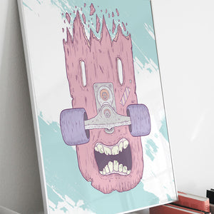 Illustratives Poster auf Holz-Skateboard mit weinendem Gesicht und kreativen, handgezeichneten Details, inspiriert von zeitgenössischer Kunst.