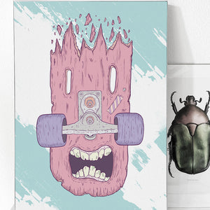 Illustratives Poster auf Holz-Skateboard mit weinendem Gesicht und kreativen, handgezeichneten Details, inspiriert von zeitgenössischer Kunst.