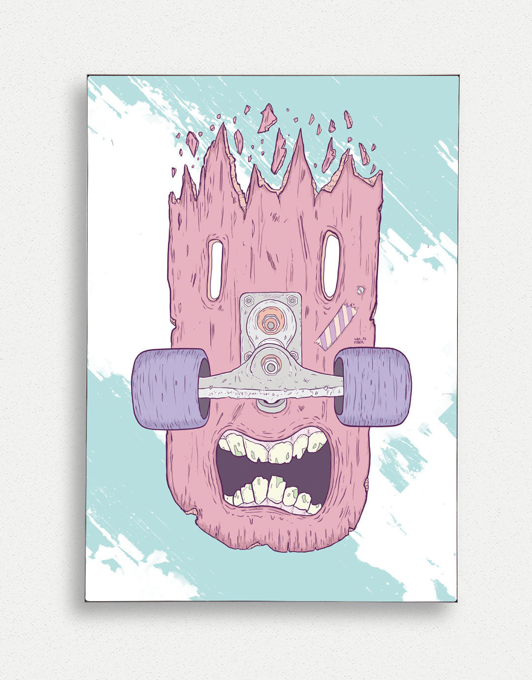 Illustratives Poster auf Holz-Skateboard mit weinendem Gesicht und kreativen, handgezeichneten Details, inspiriert von zeitgenössischer Kunst.