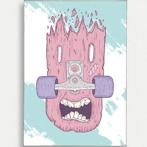 Illustratives Poster auf Holz-Skateboard mit weinendem Gesicht und kreativen, handgezeichneten Details, inspiriert von zeitgenössischer Kunst.