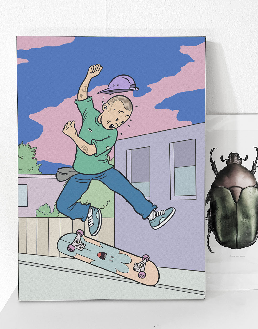 Skateboard Art Poster mit Flip-Motiv, handgezeichnete Illustration eines Skateboarders beim Flip-Trick, inspiriert von urbanem Style und zeitgenössischer Kunst.