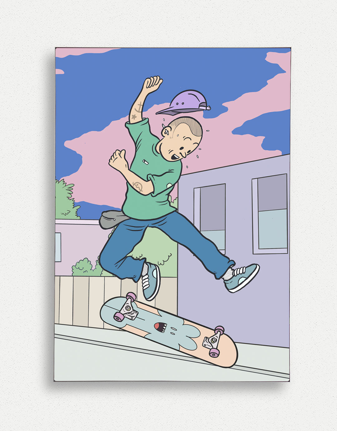 Skateboard Art Poster mit Flip-Motiv, handgezeichnete Illustration eines Skateboarders beim Flip-Trick, inspiriert von urbanem Style und zeitgenössischer Kunst.