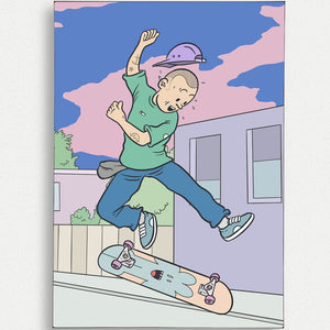 Skateboard Art Poster mit Flip-Motiv, handgezeichnete Illustration eines Skateboarders beim Flip-Trick, inspiriert von urbanem Style und zeitgenössischer Kunst.