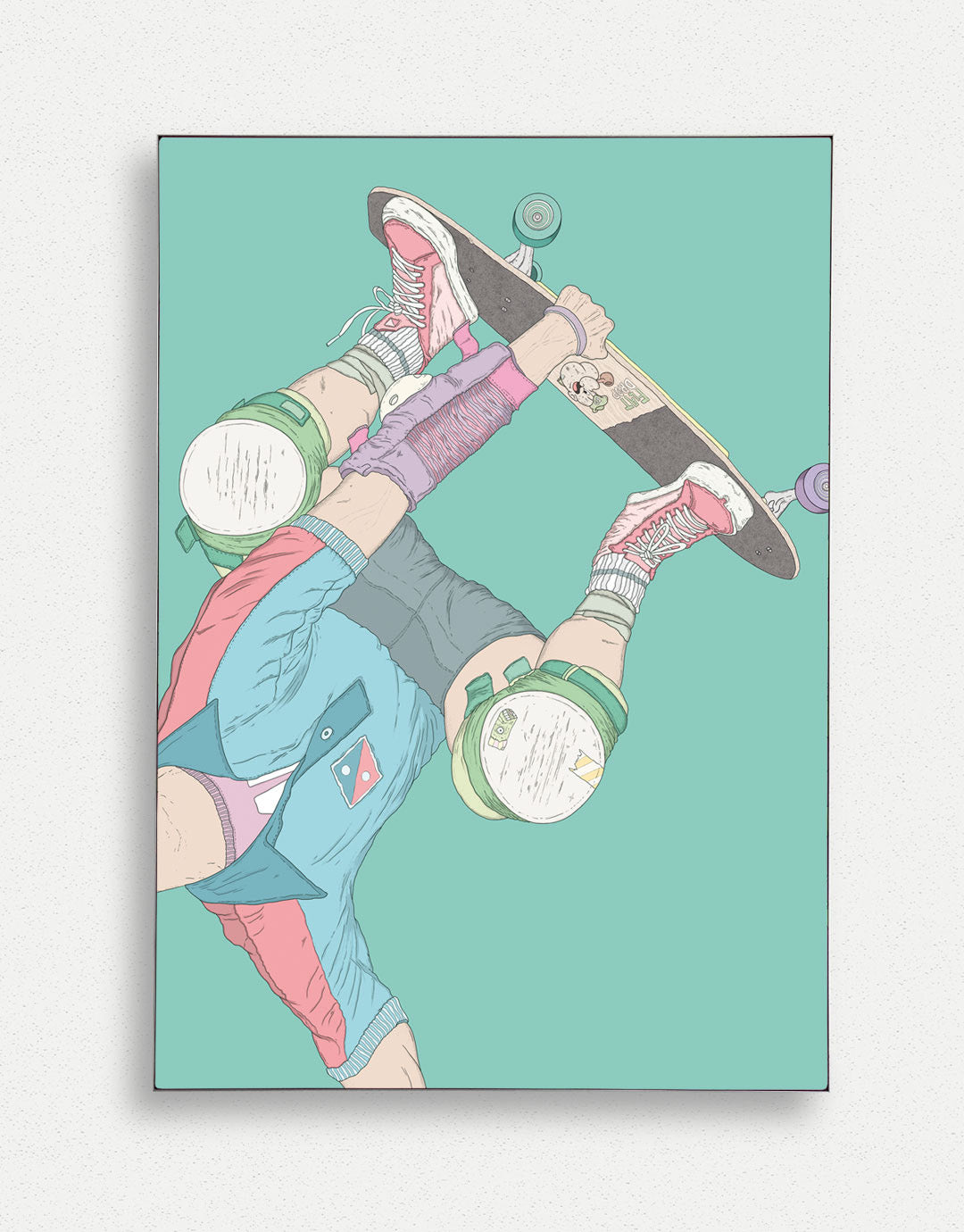 Skateboard Art Poster mit Handplant-Motiv, handgezeichnete Illustration eines Skateboarders in einer Handstand-Pose, inspiriert von urbanem Style und moderner Kunst.