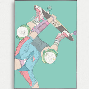 Skateboard Art Poster mit Handplant-Motiv, handgezeichnete Illustration eines Skateboarders in einer Handstand-Pose, inspiriert von urbanem Style und moderner Kunst.