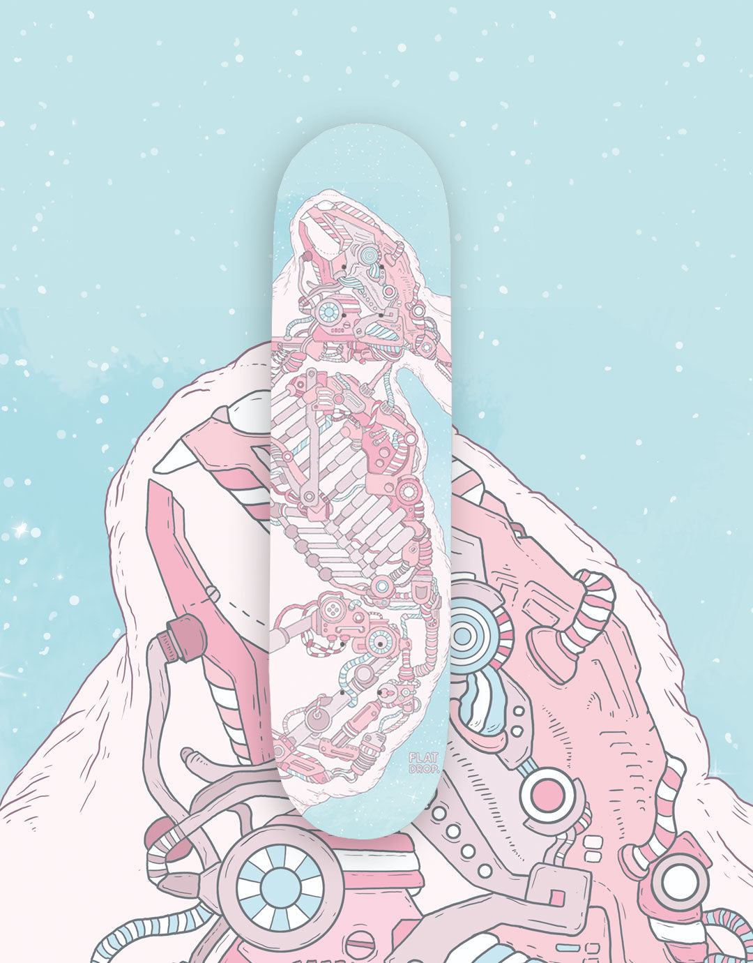 Skateboard-Deck mit einer kreativen Illustration von einem X-Ray eines Roboter-Hasen, mit dynamischen Farben. Inspiriert von urbaner Kunst und zeitgenössischem Design, ideal für Liebhaber von ausgefallenen und verspielten Motiven.