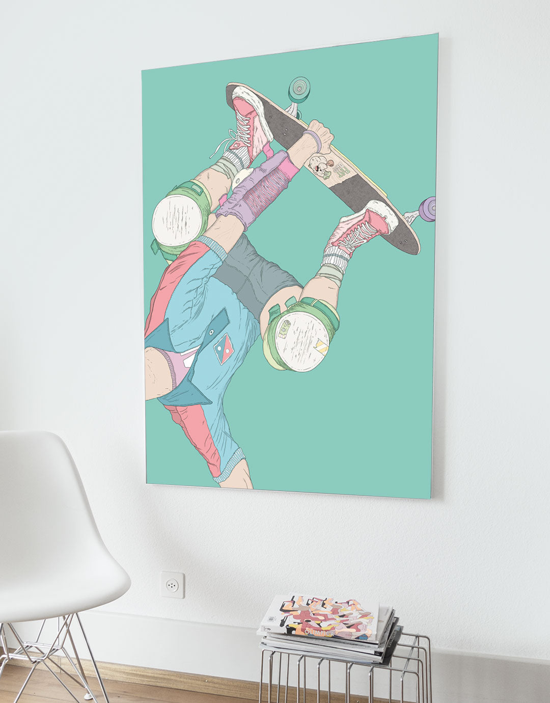 Skateboard Art Poster mit Handplant-Motiv, handgezeichnete Illustration eines Skateboarders in einer Handstand-Pose, inspiriert von urbanem Style und moderner Kunst.